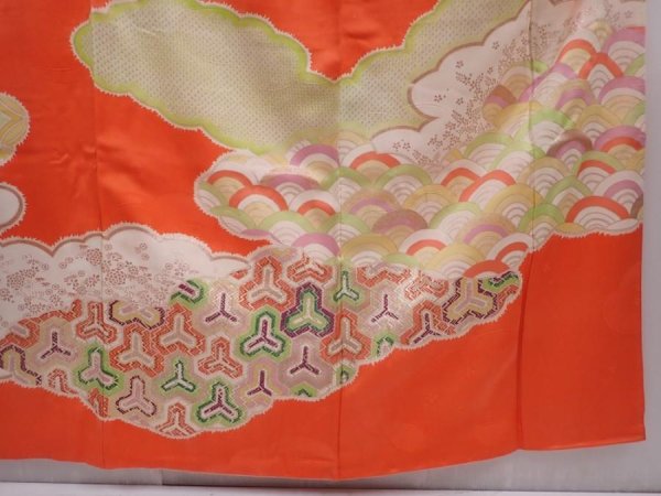 Photo7: 6119T11z1020 Vintage Japanese Kimono Silk FURISODE Cloud Orangered (7)
