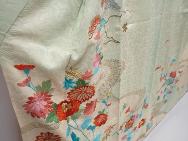 Photo3: 6119T12z1150 Vintage Japanese Kimono Silk FURISODE Chrysanthemum Soft green (3)