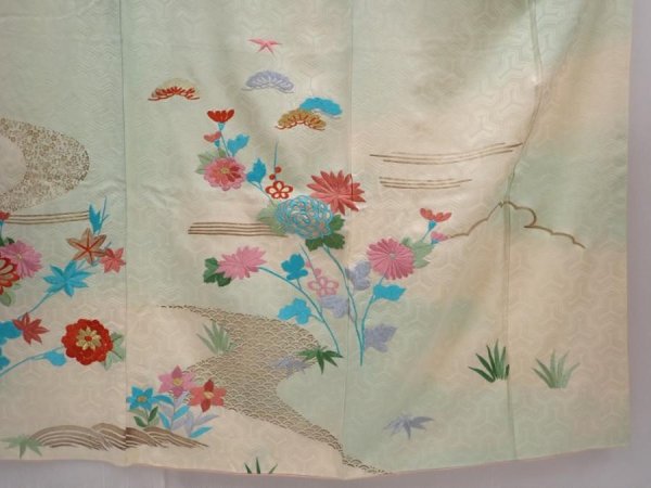Photo7: 6119T12z1150 Vintage Japanese Kimono Silk FURISODE Chrysanthemum Soft green (7)