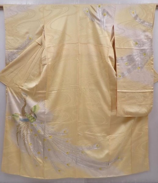 Photo1: 6119T13z970 Vintage Japanese Kimono Silk FURISODE Peacock Straw yellow (1)