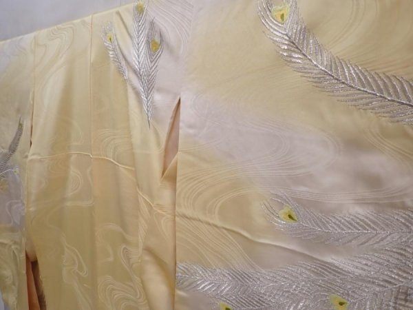 Photo2: 6119T13z970 Vintage Japanese Kimono Silk FURISODE Peacock Straw yellow (2)