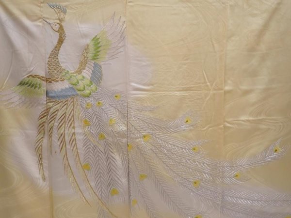 Photo8: 6119T13z970 Vintage Japanese Kimono Silk FURISODE Peacock Straw yellow (8)