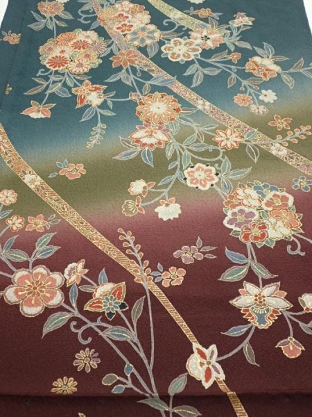 Photo1: 2H01z60  Japanese Kimono Silk  FABRIC Flowers Green-Gray 42.9x15.0 (1)