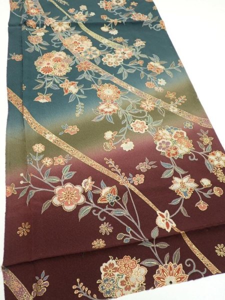 Photo2: 2H01z60  Japanese Kimono Silk  FABRIC Flowers Green-Gray 42.9x15.0 (2)