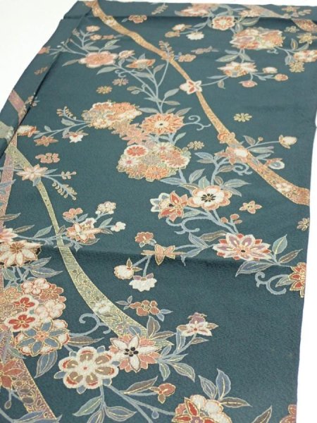 Photo3: 2H01z60  Japanese Kimono Silk  FABRIC Flowers Green-Gray 42.9x15.0 (3)