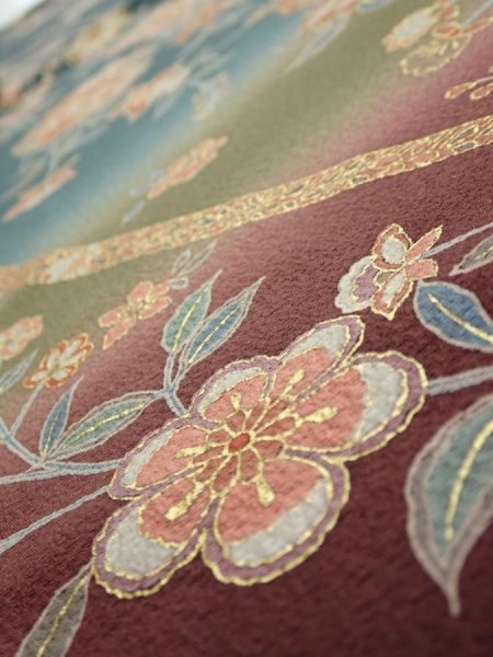 Photo5: 2H01z60  Japanese Kimono Silk  FABRIC Flowers Green-Gray 42.9x15.0 (5)