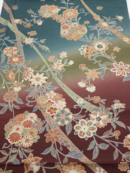 Photo1: 2H02z60  Japanese Kimono Silk  FABRIC Flowers Green-Gray 42.5x15.0 (1)