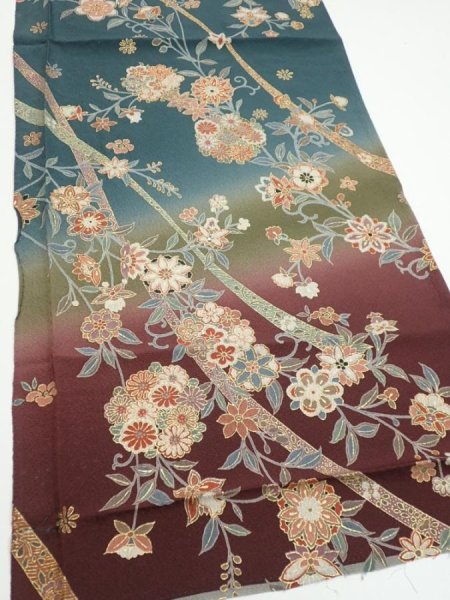 Photo2: 2H02z60  Japanese Kimono Silk  FABRIC Flowers Green-Gray 42.5x15.0 (2)