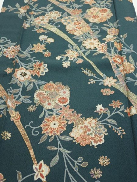 Photo1: 2H04z100  Japanese Kimono Silk  FABRIC Flowers Green-Gray 69.3x15.0 (1)