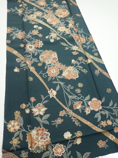 Photo2: 2H04z100  Japanese Kimono Silk  FABRIC Flowers Green-Gray 69.3x15.0 (2)
