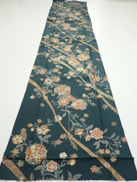 Photo5: 2H04z100  Japanese Kimono Silk  FABRIC Flowers Green-Gray 69.3x15.0 (5)
