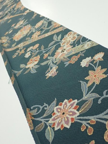 Photo1: 2H07z50  Japanese Kimono Silk  FABRIC Flowers Green-Gray 61.4x7.3 (1)
