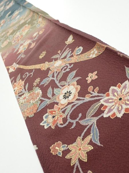 Photo1: 2H08z50  Japanese Kimono Silk  FABRIC Flowers Dark brown 60.6x7.5 (1)