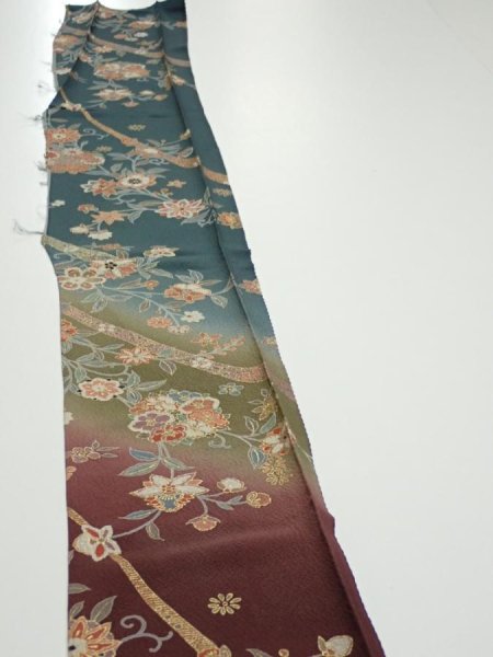 Photo3: 2H08z50  Japanese Kimono Silk  FABRIC Flowers Dark brown 60.6x7.5 (3)