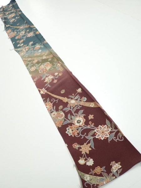 Photo4: 2H08z50  Japanese Kimono Silk  FABRIC Flowers Dark brown 60.6x7.5 (4)