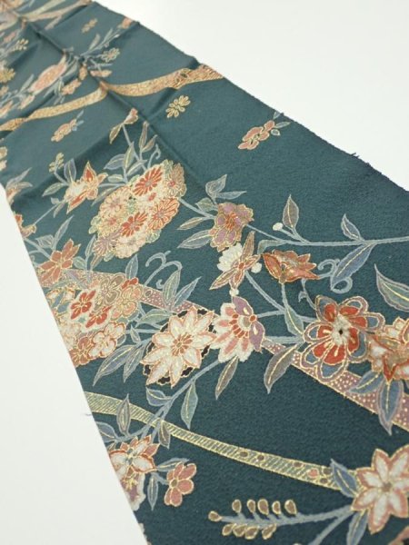Photo2: 2H10z30  Japanese Kimono Silk  FABRIC Flowers Green-Gray 40.2x7.5 (2)