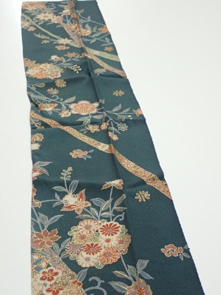 Photo3: 2H10z30  Japanese Kimono Silk  FABRIC Flowers Green-Gray 40.2x7.5 (3)