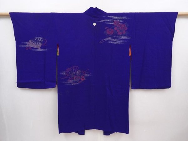 Photo1: 6120T04z450 Antique Japanese Kimono Silk HAORI Flowers Dark lavender blue (1)