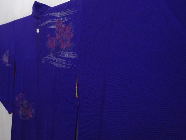 Photo2: 6120T04z450 Antique Japanese Kimono Silk HAORI Flowers Dark lavender blue (2)