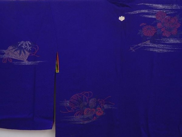 Photo3: 6120T04z450 Antique Japanese Kimono Silk HAORI Flowers Dark lavender blue (3)