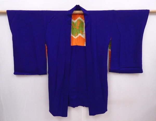 Photo8: 6120T04z450 Antique Japanese Kimono Silk HAORI Flowers Dark lavender blue (8)