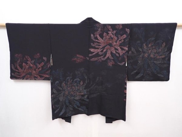 Photo1: 6120T07z580 Vintage Japanese Kimono Silk HAORI Flower Black (1)