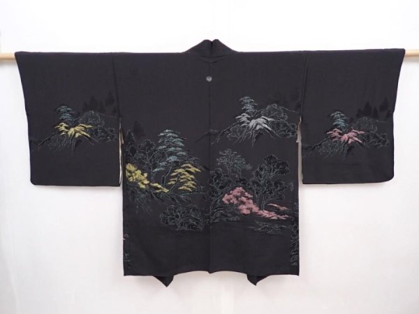 Photo1: 6120T08z480 Vintage Japanese Kimono Silk HAORI Scenery Black (1)