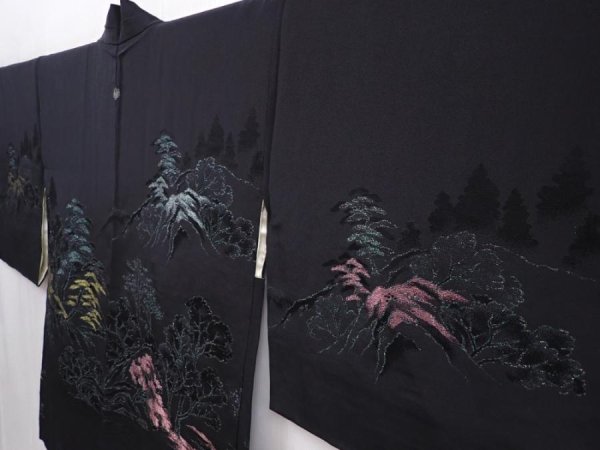 Photo2: 6120T08z480 Vintage Japanese Kimono Silk HAORI Scenery Black (2)