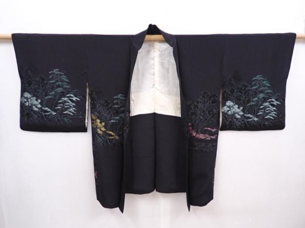Photo6: 6120T08z480 Vintage Japanese Kimono Silk HAORI Scenery Black (6)