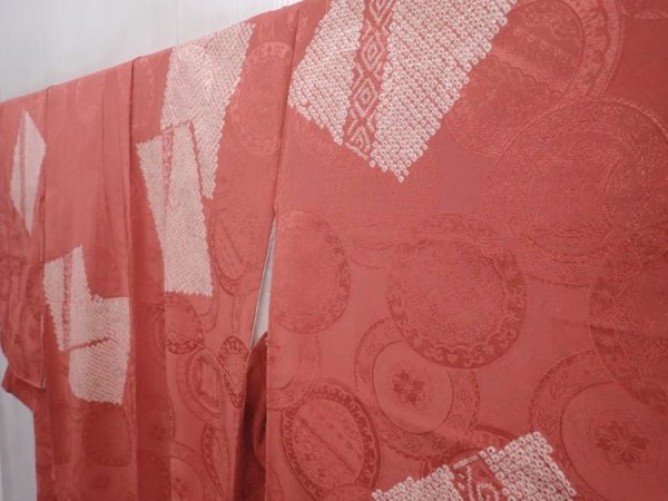 Photo2: 6120T09z790 Vintage Japanese Kimono Silk KOMON  Dark coral (2)