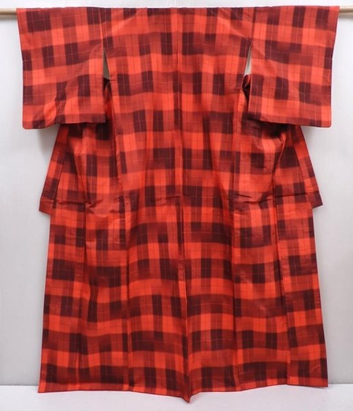 Photo1: 6120T11z790 Vintage Japanese Kimono Silk TSUMUGI  Orange-Red (1)