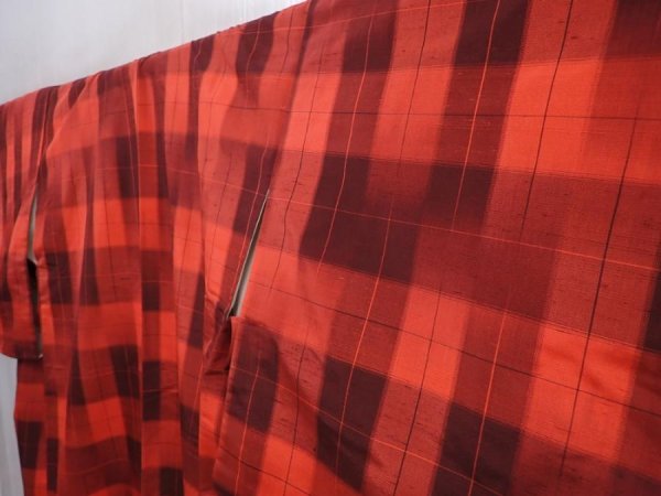 Photo2: 6120T11z790 Vintage Japanese Kimono Silk TSUMUGI  Orange-Red (2)