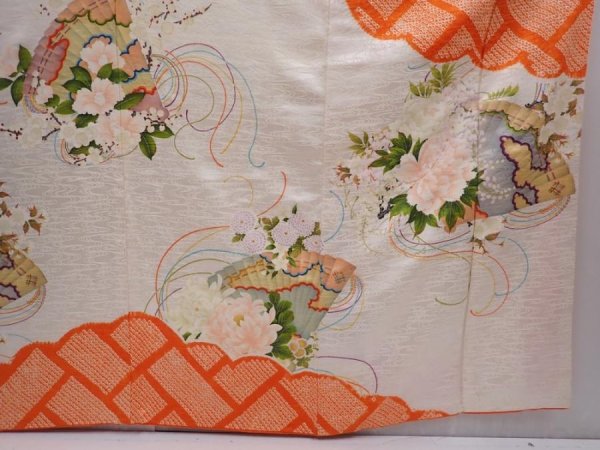 Photo7: 6120T12z1110 Vintage Japanese Kimono Silk FURISODE Folding fan Off-white (7)