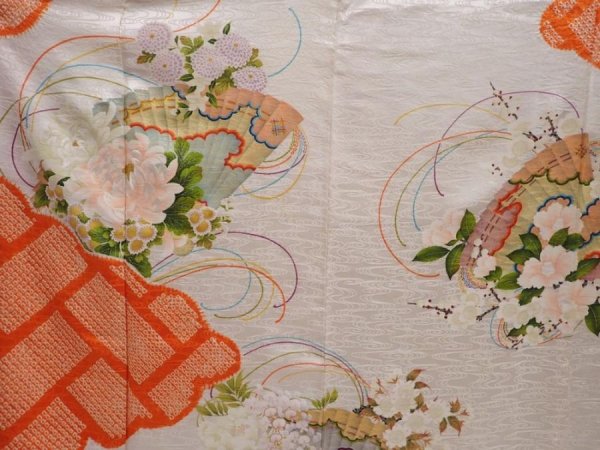 Photo8: 6120T12z1110 Vintage Japanese Kimono Silk FURISODE Folding fan Off-white (8)