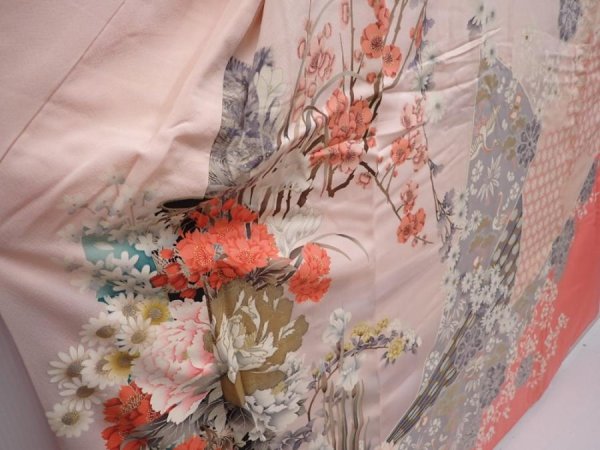 Photo3: 6120T13z1150 Vintage Japanese Kimono Silk FURISODE Flowers Pink (3)