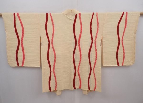 Photo1: 6121T03z560 Vintage Japanese Kimono Silk HAORI Tatewaku Light orange (1)