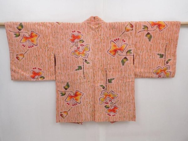 Photo1: 6121T04z340 Vintage Japanese Kimono Silk MEISEN HAORI Flower Dark salmon (1)