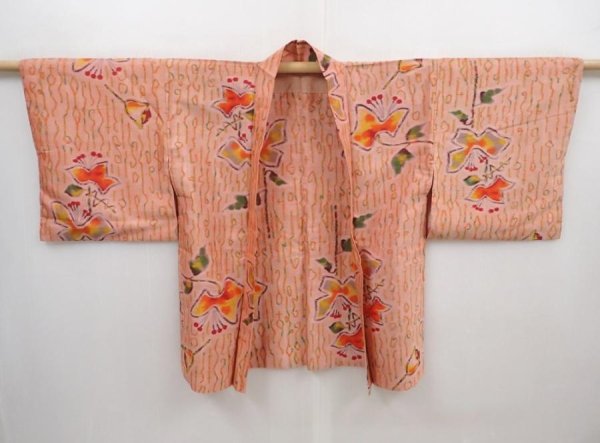 Photo5: 6121T04z340 Vintage Japanese Kimono Silk MEISEN HAORI Flower Dark salmon (5)