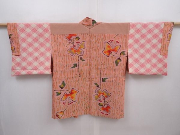 Photo7: 6121T04z340 Vintage Japanese Kimono Silk MEISEN HAORI Flower Dark salmon (7)