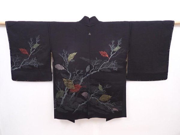 Photo1: 6121T05z520 Vintage Japanese Kimono Silk HAORI Branch Black (1)