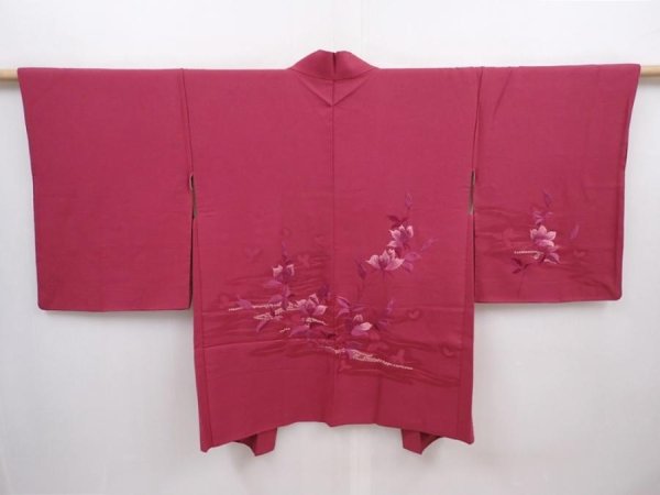 Photo1: 6121T06z560 Vintage Japanese Kimono Silk HAORI Flower Wine red (1)