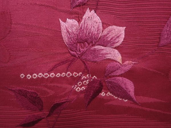 Photo4: 6121T06z560 Vintage Japanese Kimono Silk HAORI Flower Wine red (4)