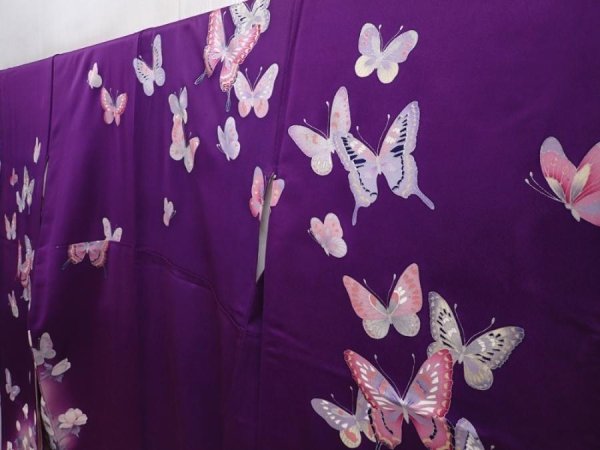 Photo2: 6121T10z1050 Vintage Japanese Kimono Silk FURISODE Butterfly Grape (2)