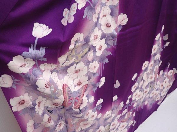 Photo3: 6121T10z1050 Vintage Japanese Kimono Silk FURISODE Butterfly Grape (3)