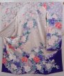 Photo1: 6121T11z1070 Vintage Japanese Kimono Silk FURISODE Peony Light gray (1)