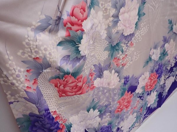 Photo3: 6121T11z1070 Vintage Japanese Kimono Silk FURISODE Peony Light gray (3)