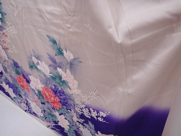 Photo4: 6121T11z1070 Vintage Japanese Kimono Silk FURISODE Peony Light gray (4)