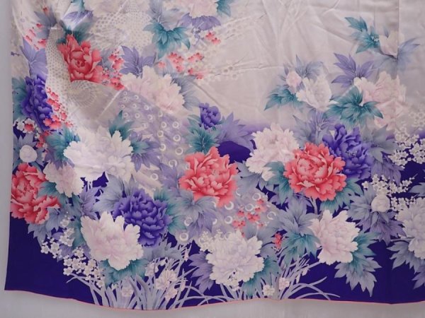 Photo5: 6121T11z1070 Vintage Japanese Kimono Silk FURISODE Peony Light gray (5)