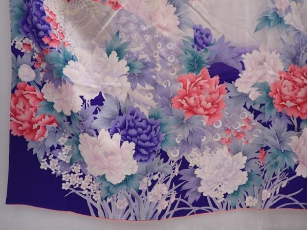 Photo6: 6121T11z1070 Vintage Japanese Kimono Silk FURISODE Peony Light gray (6)