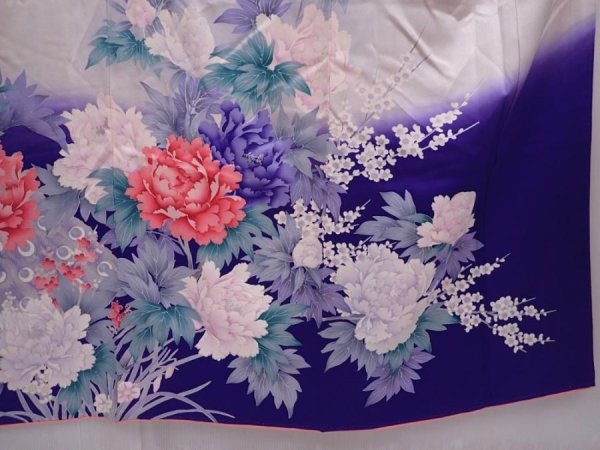 Photo7: 6121T11z1070 Vintage Japanese Kimono Silk FURISODE Peony Light gray (7)